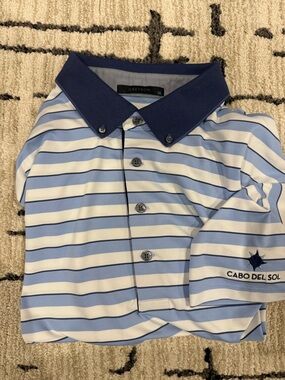 Greyson Light Blue & White Striped Polo with Navy Contrast Collar